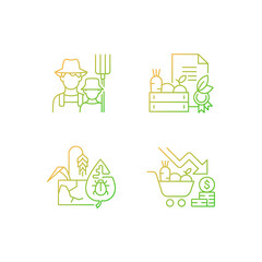 Agribusiness gradient linear vector icons set. Farm business risks and failures. Family farming. Pests damage. Thin line contour symbols bundle. Isolated vector outline illustrations collection