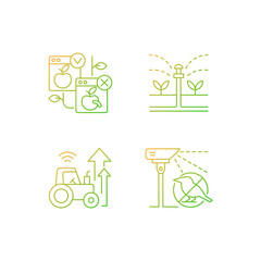 Automated systems in agriculture gradient linear vector icons set. Irrigation system. Agricultural modernization. Thin line contour symbols bundle. Isolated vector outline illustrations collection