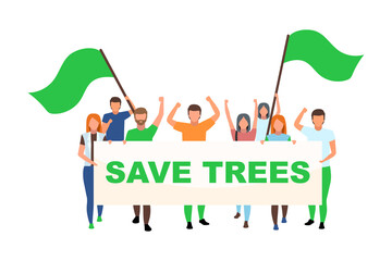 Environmental movement flat concept vector illustration. Activists protesting against natural areas destruction isolated 2D cartoon characters on white for web design. Save trees creative idea