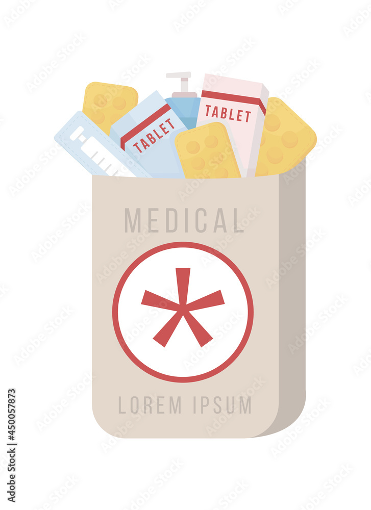 Poster medication package delivery semi flat color vector object. full sized item on white. ordering prescr