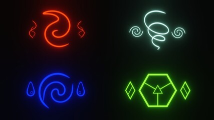 Neon glowing elements symbols on black background