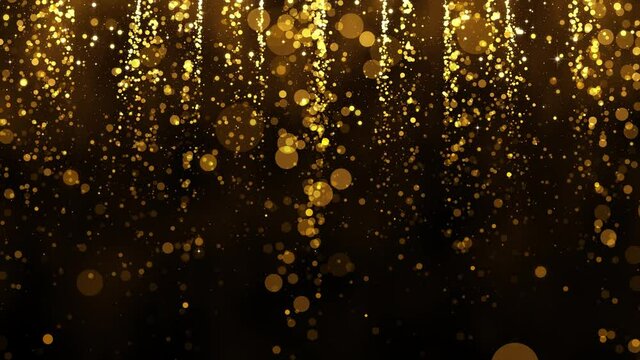 Background with falling gold glitter particles. Rain of golden confetti with magic light, glamour. Beautiful animated christmas background. Seamless loop