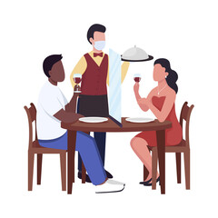 Serving restaurant guests with safety measures semi flat color vector characters. Full body people on white. Reopening isolated modern cartoon style illustration for graphic design and animation