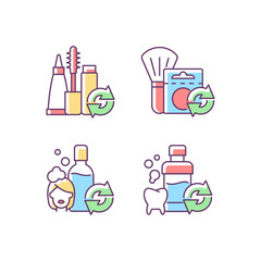 Reusable options RGB color icons set. Mascara refill. Blush in eco friendly package. Shampoo for hair care. Mouth wash. Isolated vector illustrations. Simple filled line drawings collection