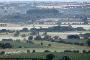Fototapeta na wymiar Early morning mist over farmland on the Somerset Levels, Dundon, Somerset, England, United Kingdom, Europe