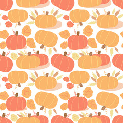 Pumpkin fall vector seamless pattern, hand drawn thanksgiving background. Autumn illustration