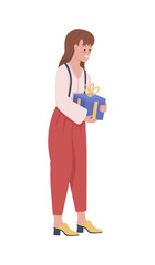 Smiling woman getting Christmas present semi flat color vector character. Full body person on white. Holding wrapped gift isolated modern cartoon style illustration for graphic design and animation