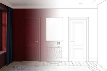 A sketch becomes a real burgundy hall with a vertical poster above an elegant console between the doors, a curtain near the window, carpet on the parquet floor, built-in lamps in a ceiling. 3d render