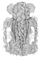 Vector portrait of a young woman back with long, wavy hair. Hairstyle view with three braided pigtails decorated with two large lilies. Pattern illustration coloring book. Design card, print t-shirt