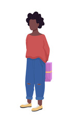 Girl hiding gift package behind back semi flat color vector character. Full body person on white. Surprise birthday present isolated modern cartoon style illustration for graphic design and animation