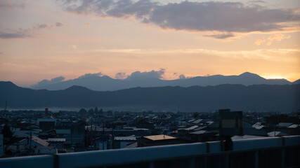 Fototapeta na wymiar Sunset from the window of the bullet train, Japan.