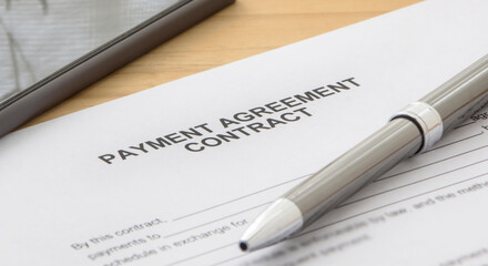 A payment agreement contract form on the desk. Agreement. Debt. Pen on the table.
