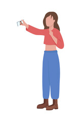 Young woman takes selfie semi flat color vector character. Full body person on white. Posing for smartphone camera isolated modern cartoon style illustration for graphic design and animation