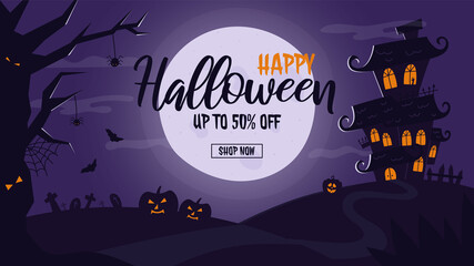 Halloween sale banner template with spooky elements - haunted house, willow tree, full moon, pumpkin and cemetery. Vector flyer with place for text for invitations, party, special offer.