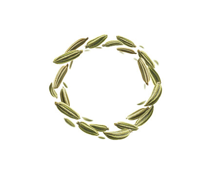 Fennel seeds levitate on a white background