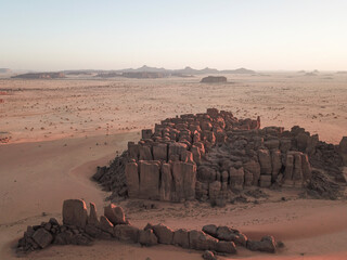 Sunset drone view of amazing rock formations and sandstones in Desert, Chad, Africa