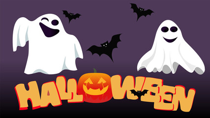 Lettering halloween, ghost and cute bats