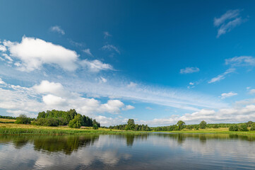 Fototapeta na wymiar Panoramic landscape of a calm river.A mirror image of Clouds and forests On the Lake.