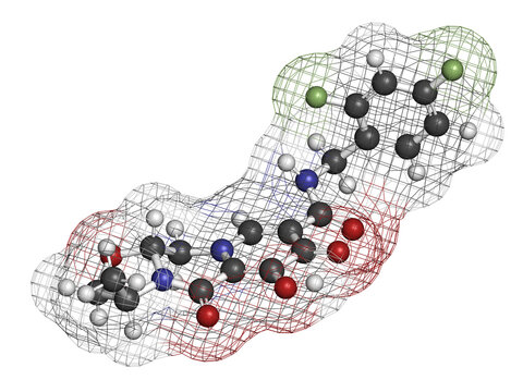 Cabotegravir HIV drug molecule (integrase inhibitor). 3D rendering.