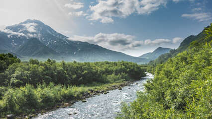 Naklejka na ściany i meble A mountain river flows along a rocky bed. Lush green vegetation stretches along the banks. Volcanoes rise against the background of a blue sky with clouds. Snow on the slopes. A sunny day. Kamchatka