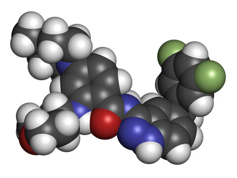 Entrectinib cancer drug molecule. 3D rendering.