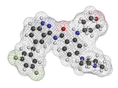 Entrectinib cancer drug molecule. 3D rendering.