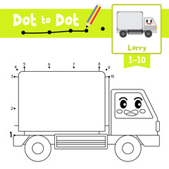 Dot to dot educational game and Coloring book Lorry cartoon character side view vector illustration