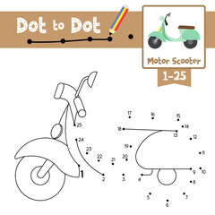Dot to dot educational game and Coloring book Motor Scooter cartoon character side view vector illustration