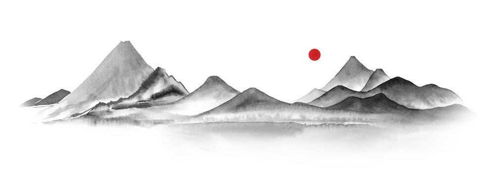 Watercolor mountains in fog hand drawn in sumi-e style in traditional japanese painting on white background. Natural landscape, tranquility, zen. Black and white illustration and red sun.