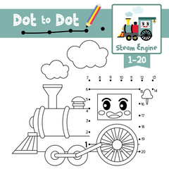 Dot to dot educational game and Coloring book Steam Engine cartoon character side view vector illustration