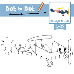 Dot to dot educational game and Coloring book Ultralight Aircraft cartoon character side view vector illustration
