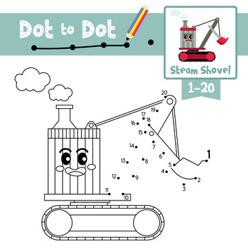 Dot To Dot Educational Game And Coloring Book Steam Shovel Cartoon Character Side View Vector Illustration