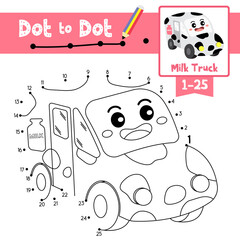 Dot to dot educational game and Coloring book Milk Truck cartoon character perspective view vector illustration