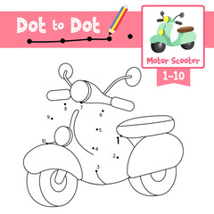 Dot to dot educational game and Coloring book Motor Scooter cartoon character perspective view vector illustration