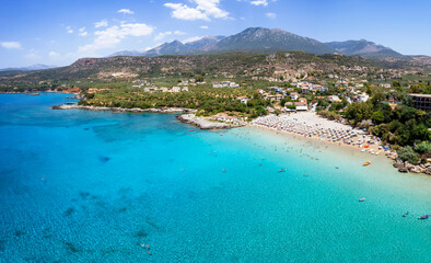 The beautiful beach of Kalogria, Stoupa area, Mani, Greece, with turquoise shining sea during summer time
