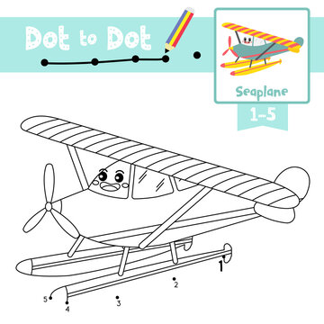 Dot to dot educational game and Coloring book Seaplane cartoon character perspective view vector illustration