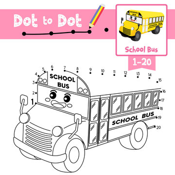 Dot to dot educational game and Coloring book School Bus cartoon character perspective view vector illustration