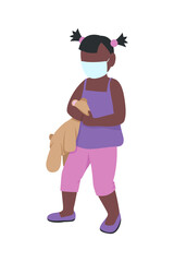 Sick child wearing mask semi flat color vector character. Full body person on white. Little girl hugging bear toy isolated modern cartoon style illustration for graphic design and animation