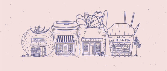 Set of storefronts grocery, cafe, bakery, asian food drawing with blue color