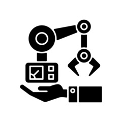 Machinery owning black glyph icon. Manufacturing robot arm. Hand holds mechanism. Industrial plant equipment. Artificial intelligence. Silhouette symbol on white space. Vector isolated illustration