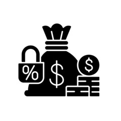 Fixed deposit black glyph icon. Low-risk financial instrument. Bag with cash and locked percent. Savings account. Money safety. Silhouette symbol on white space. Vector isolated illustration