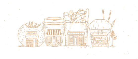 Set of storefronts grocery, cafe, bakery, asian food drawing with beige color