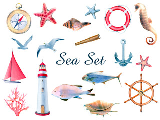 Beautiful marine set. Watercolor illustration includes lighthouse, anchor, compass and steering wheel. Collection includes elements of underwater world of fish, shells, starfish and seahorse