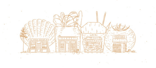 Set of storefronts fish shop, bakery, asian food, bakery drawing with beige color