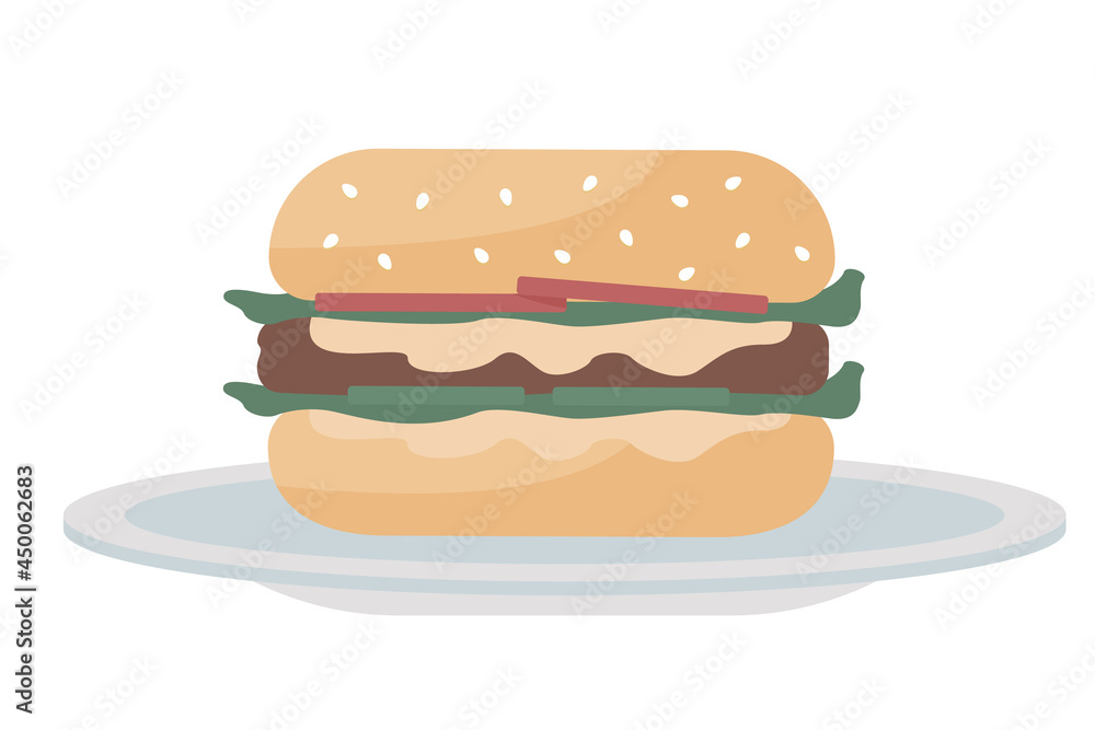 Poster hamburger semi flat color vector object. full sized item on white. summer party with burger bar. fas