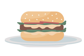 Hamburger semi flat color vector object. Full sized item on white. Summer party with burger bar. Fast food. Cheeseburger isolated modern cartoon style illustration for graphic design and animation