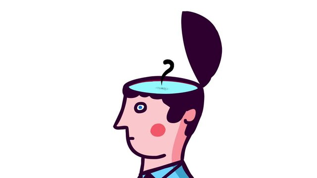 Cartoon question mark and black swan inside head as a symbol. Metaphor of something unpredictable, unexpected. Good for any video material with concept like training or for explainers.