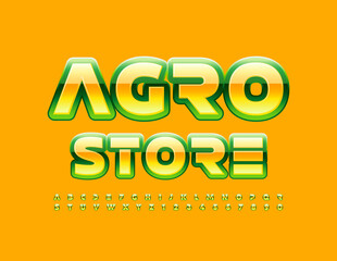 Fototapeta na wymiar Vector creative logo Agro Store with Yellow and Green Alphabet Letters and Numbers. Shiny modern Font