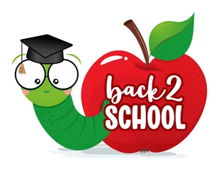 Fotobehang Back to school. Smart worm, studens, in red apple wit graduate cap. Cute catterpillar character. Hand drawn doodle for kids. Good for textiles, school sets, wallpapers, wrapping paper, clothes. © Zsuzsanna