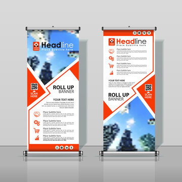 Orange, Roll up Business Banner Design Vertical Template Vector, Cover Abstract Modern X-Banner, Brochure Flyer Banner Rectangle Size.